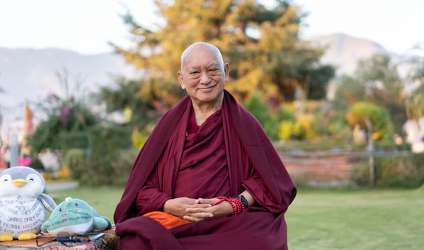 Lama Zopa Rinpoche teaching in the garden at Kopan Monastery, Nepal, 2020. Photo: Lobsang Sherab.