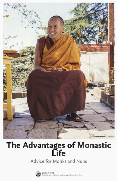 Title image for the multimedia presentation “The Advantages of Monastic Life” featuring Lama Yeshe.
