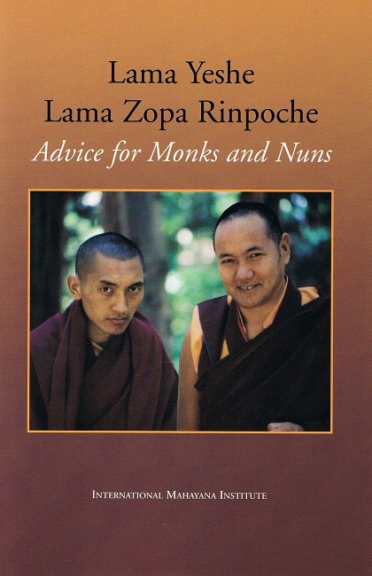 Book cover of Advice for Monks and Nuns, by Lama Yeshe and Lama Zopa Rinpoche, featuring a picture of both Lamas.