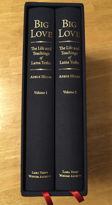 The 2 volume set of Big Love: The Life and Teachings of Lama Yeshe, by Adele Hulse, shown in the accompanying slipcase.