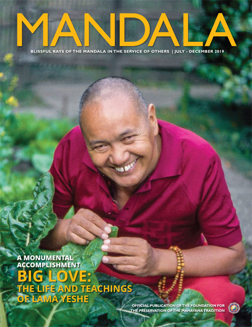 Mandala magazine cover featuring Lama Yeshe in the garden, July–December 2019 edition.