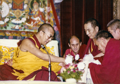 His Holiness the Dalai Lama with Lama Yeshe, Ven. Peljor and Nick Ribush at Tushita's second Dharma Celebration in New Delhi, 1982.