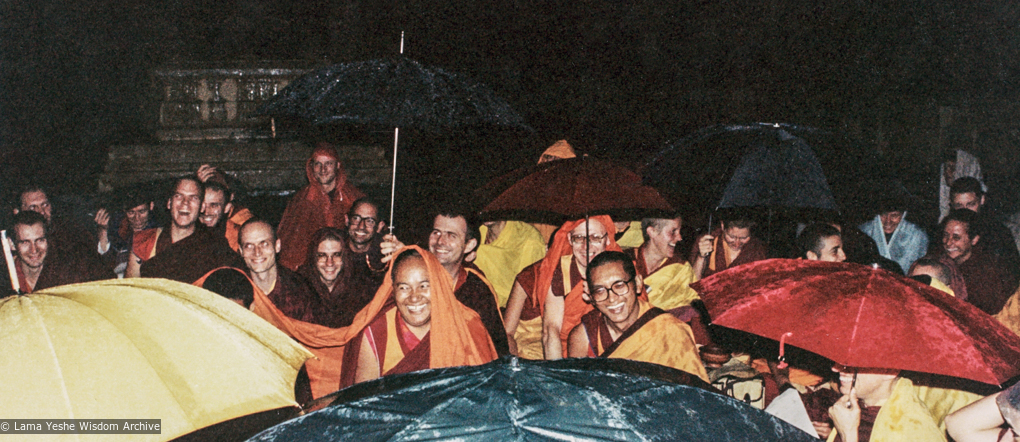 Puja at the Bodhgaya stupa with the lamas, 1982