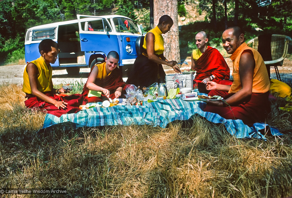 Picnic with the lamas, Lake Arrowhead, 1975
