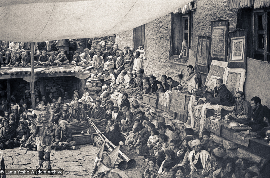 Lama Zopa and Lama Yeshe watching lama dances, 1970.