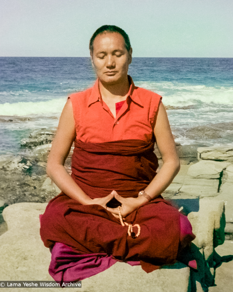 Lama meditating by the ocean, Australia, 1974
