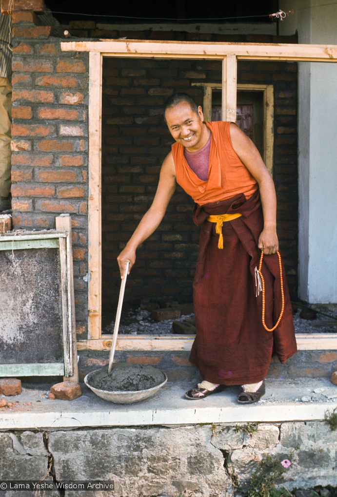 Lama mixing cement, Kopan, 1974