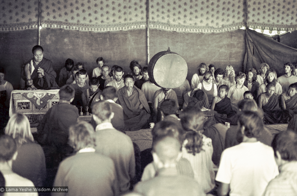 Lamas and sangha doing puja, Kopan, 1974