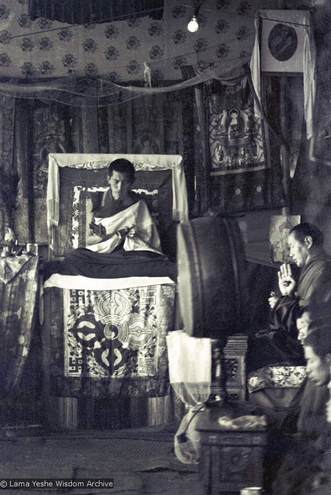 Lamas and sangha doing puja, Kopan, 1974