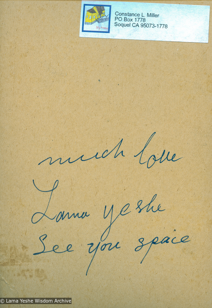 Back of photo given to Connie Miller by Lama Yeshe, 1976