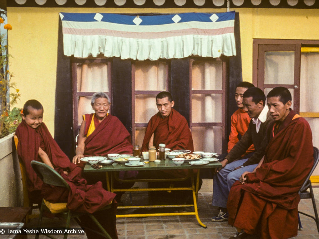 Geshe Legden visits Kopan, construction of Sera Je roof.