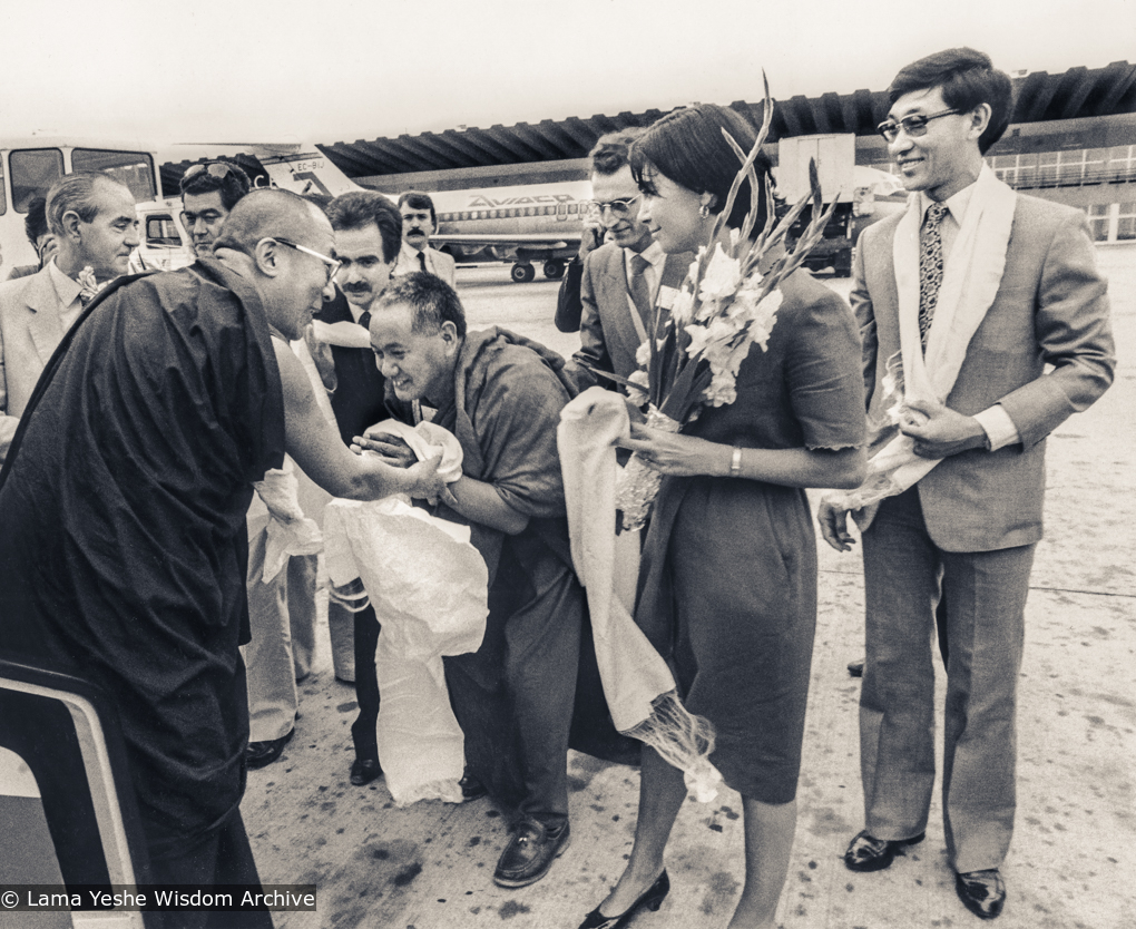 Lama greets His Holiness in Spain, 1982, Puntsog Wangyal, right