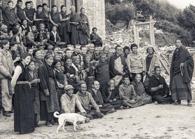 Lama Zopa Rinpoche with students at Lawudo Retreat Centre, Nepal, 1977.