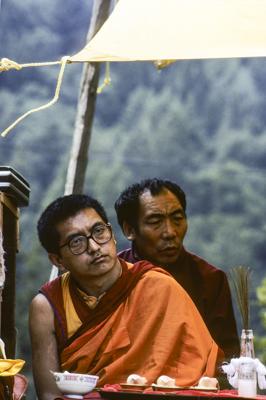Lama Zopa Rinpoche at Lama Yeshe's cremation, Vajrapani Institute, California, March 1984.