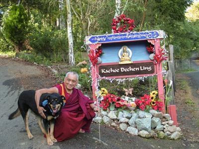 Lama Zopa Rinpoche outside his home in Aptos, CA, 2014.