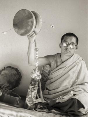 Rinpoche Playing Chod Drum, 1983
