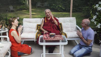 Lama Zopa Rinpoche with Wendy Cook and Nicholas Ribush, Massachusetts, USA, Sept. 2010.