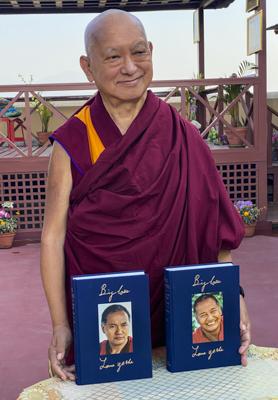Lama Zopa Rinpoche with copies of Big Love, Kopan Monastery, Nepal, April 2020. Photo: Ven. Roger Kunsang.
