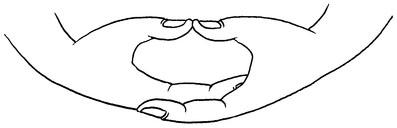 B&W line drawing of two hands in the meditation mudra.