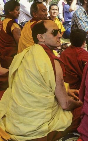 Top left, Sister Max, Geshe Thinley (Lama’s brother) and Nick Ribush at Lama Yeshe’s cremation, Vajrapani Institute, California, March, 1984.
Photo: Ricardo de Aratanha.