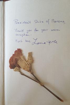 Handwritten dedication in the first edition of Silent Mind, Holy Mind book, signed by Lama Yeshe.