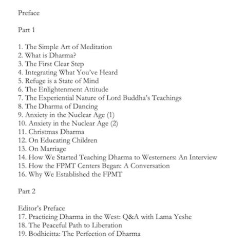 Screenshot of the Table of Contents for Knowledge-Wisdom: The Peaceful Path the Liberation, collected talks by Lama Yeshe.