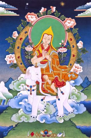 Lama Tsongkhapa with hands in teaching mudra, seated on an elephant.