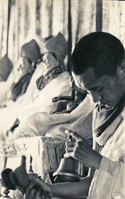 Lama Zopa Rinpoche doing puja during the Fourth Meditation Course, Kopan Monastery, Nepal, 1973., 1973