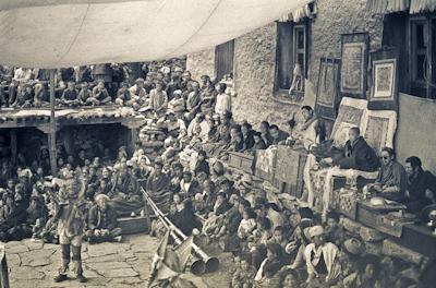 Lama Zopa and Lama Yeshe watching lama dances, 1970.
