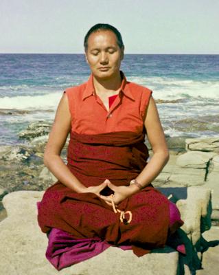 Lama meditating by the ocean, Australia, 1974