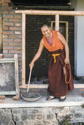 Lama mixing cement, Kopan, 1974