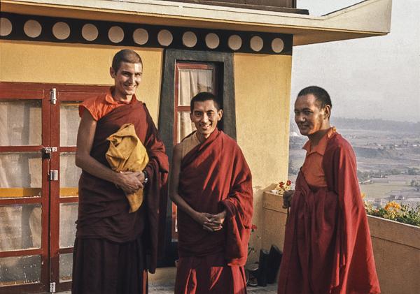 Lama Yeshe, Lama Zopa Rinpoche and Piero Cerri on the rooftop terrace of Kopan Monastery, Nepal,  February 1973.