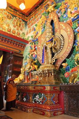 Lama Zopa Rinpoche in the new gompa at Khachoe Ghakyil Nunnery, Kathmandu, Nepal, May 2015.  Photo: Ven. Lobsang Sherab.