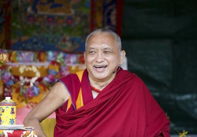 Lama Zopa Rinpoche at an animal blessing puja, Kurukulla Center, Massachusetts, USA, July 2007.