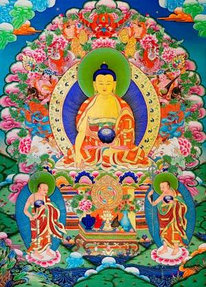 Painting of Buddha Shakyamuni with Shariputra and Maudgalyayana at the bottom.
