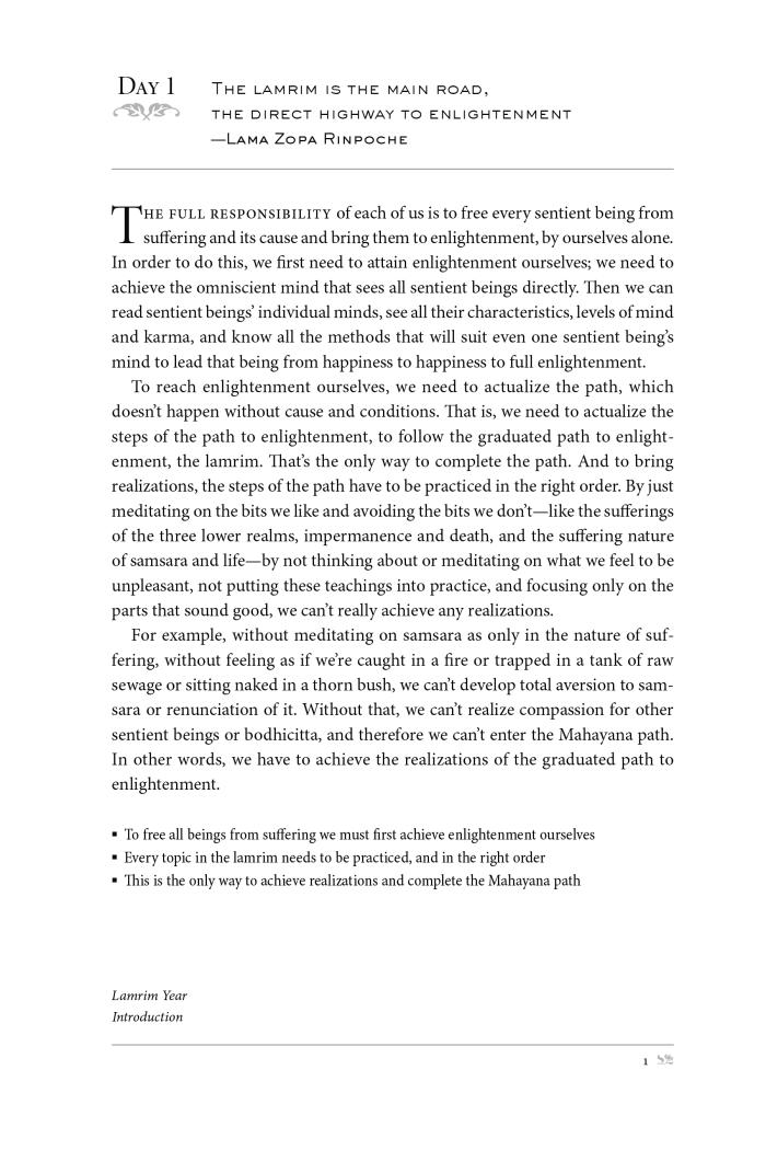 The first page of Lamrim Year: Making Life Meaningful Day by Day, by Lama Yeshe and Lama Zopa Rinpoche.