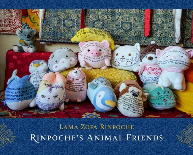 Book cover of Rinpoche’s Animal Friends by Lama Zopa Rinpoche. The design features a collection of soft plush toys.