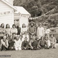 Lamas with students in New Zealand, 1974