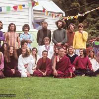 Lamas with students in New Zealand, 1974