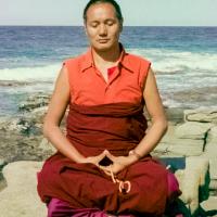 Lama meditating by the ocean, Australia, 1974