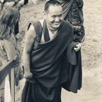 Lama entering the gompa with Somdet, 1975