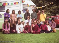 Lamas with students in New Zealand, 1974